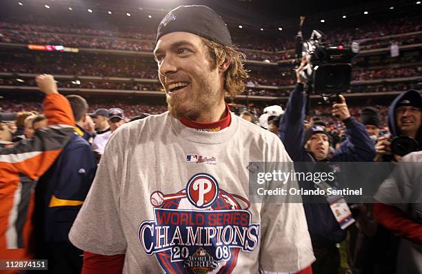 The Philadelphia Phillies' Jayson Werth celebrates a World Series championship following a 4-3 victory over the Tampa Bay Rays in Game 5 of the World...