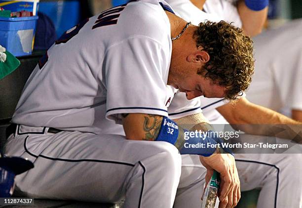 Texas Rangers Josh Hamilton in the dugout in the fifth inning against the Tampa Bay Devils Rays at Rangers Ballpark in Arlington, Texas, on Friday,...