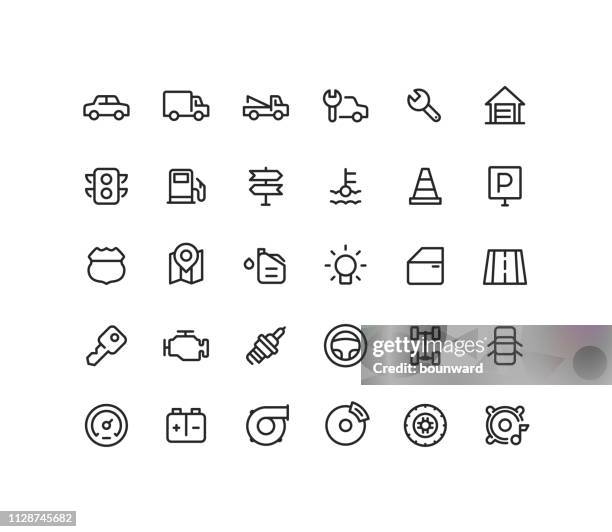 motor & straße umriss linie symbole - garage stock-grafiken, -clipart, -cartoons und -symbole