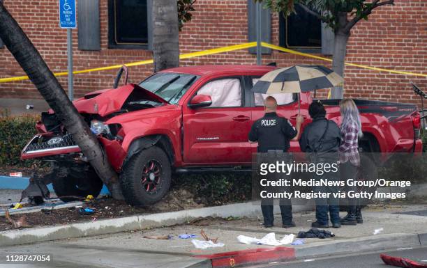Fullerton Police investigate an early-morning accident that sent nine pedestrians to the hospital on Sunday, February 10, 2019. The driver,...