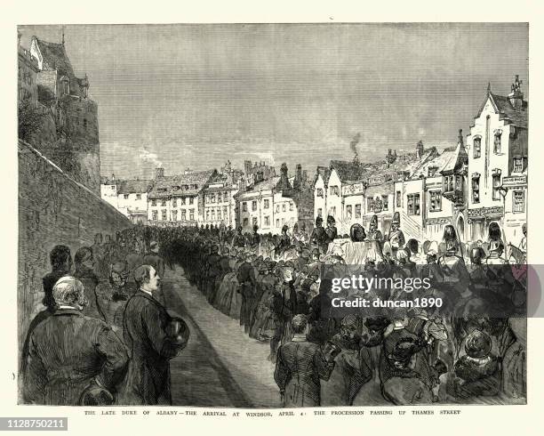 funeral of procession of prince leopold, thames street, windsor, 1884 - prince leopold duke of albany stock illustrations