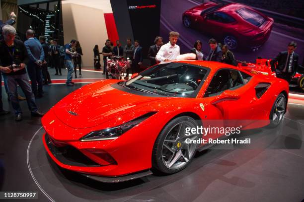 Ferrari F8 Tributo is displayed during the first press day at the 89th Geneva International Motor Show on March 5, 2019 in Geneva, Switzerland.