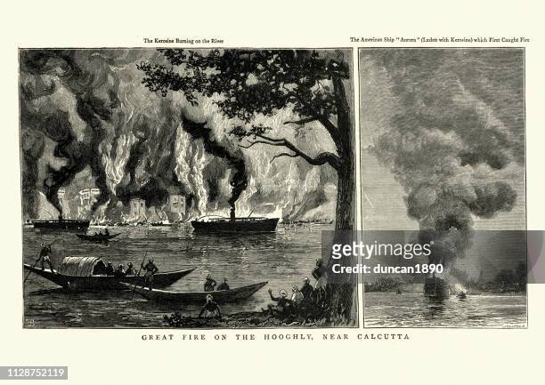 kerosene fire on the hooghly river near calcutta, 19th century - kerosene stock illustrations
