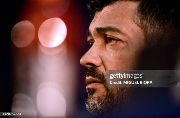 Porto's Portuguese coach Sergio Conceicao holds a press conference at the Dragao stadium in Porto on March 5 on the eve of the UEFA Champions League...