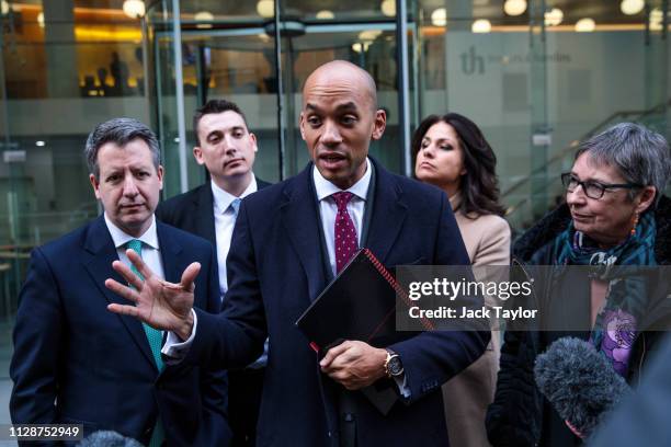 Members of the Independent Group of MPs: Chris Leslie, Gavin Shuker, Chuka Umunna, Heidi Allen and Ann Coffey speak to the press after a meeting at...