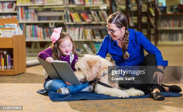 mädchen mit down-syndrom in bibliothek mit therapiehund - emotional support animal stock-fotos und bilder