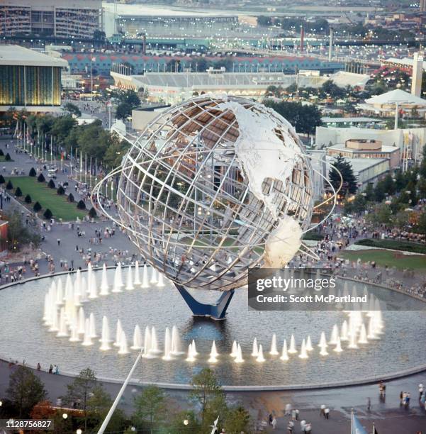 High angle view of the Flushing Meadows Park Unisphere during the World's Fair in Queens, New York, New York, June 1965. Also visible is Singer Bowl...