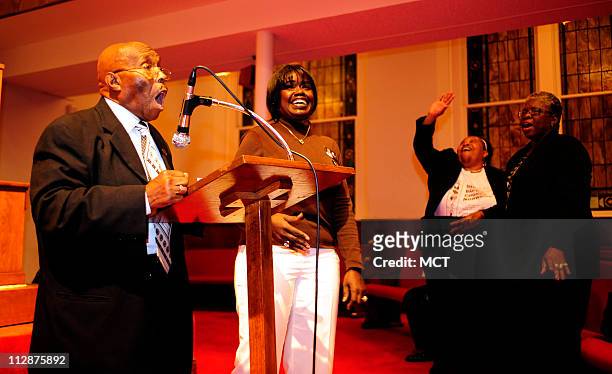 Bishop Calvin Woods and Pastor Gwendolyn Webb sing during the "Rally for Change" at the 16th Street Baptist Church in Birmingham, Alabama, Monday,...
