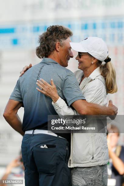 Bernhard Langer of Germany celebrates with his wife, Vikki Carol, after winning the Oasis Championship at The Old Course at Broken Sound on February...