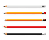 Set of yellow pencils, red and black, sharpened with a rubber band and without - stock vector.