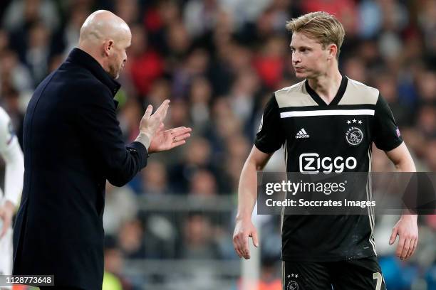 Coach Erik ten Hag of Ajax, Frenkie de Jong of Ajax during the UEFA Champions League match between Real Madrid v Ajax at the Santiago Bernabeu on...