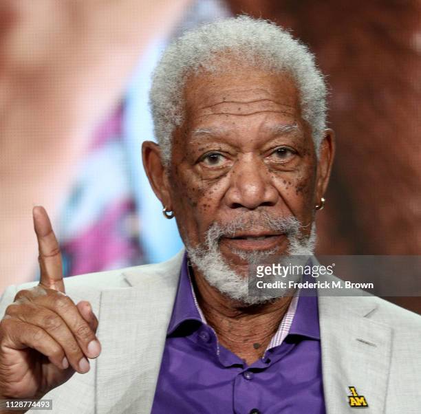 Morgan Freeman of the television show "The Story of God" speaks during the National Geographic segment of the 2019 Winter Television Critics...