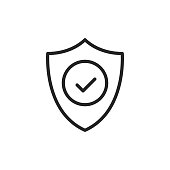 Shield with check mark line icon. Security, reliability, protection, safety concepts. Simple thin line design. Vector icon