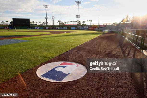 View of on deck circle with MLB logo before spring training workout at Spectrum Field. Equipment. Clearwater, FL 3/3/2019 CREDIT: Rob Tringali