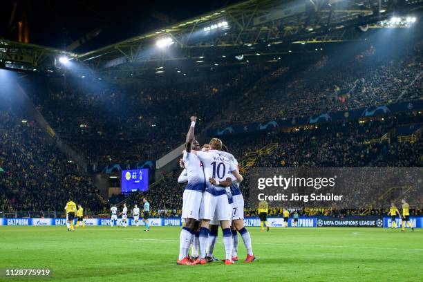 Moussa Sissoko and Harry Kane of Tottenham celebrating after their 0-1 lead during the UEFA Champions League Round of 16 Second Leg match between...