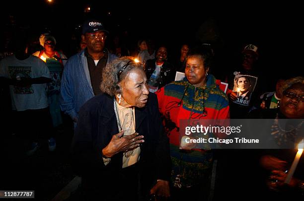 Amelia Boynton Robinson, a famous voting rights activist, speaks at a candle light vigil to Obama supporters, at the foot of the Edmund Pettus...