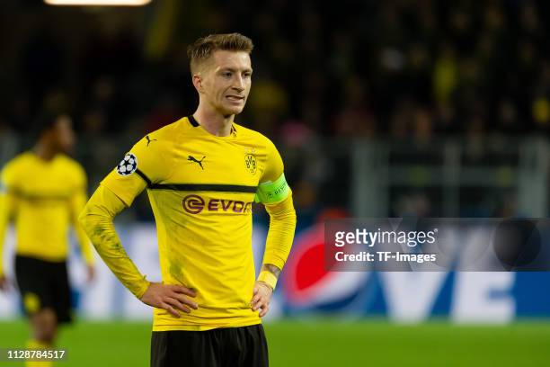 Marco Reus of Borussia Dortmund looks dejected during the UEFA Champions League Round of 16 Second Leg match between Borussia Dortmund and Tottenham...