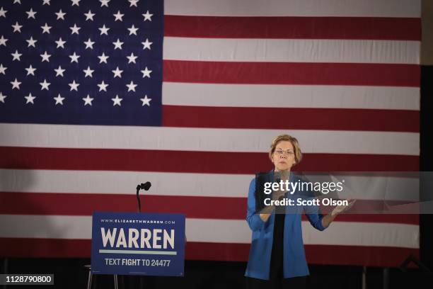 Sen. Elizabeth Warren speaks at a campaign rally at the University of Iowa on February 10, 2019 in Iowa City, Iowa. Warren is making her first three...