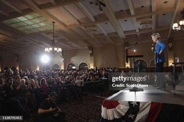 Sen. Elizabeth Warren speaks at a campaign rally at the University of Iowa on February 10, 2019 in Iowa City, Iowa. Warren is making her first three...