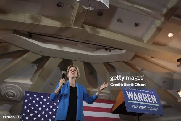 Sen. Elizabeth Warren speaks at a campaign rally at the University of Iowa on February 10, 2019 in Iowa City, Iowa. Warren is making her first three...