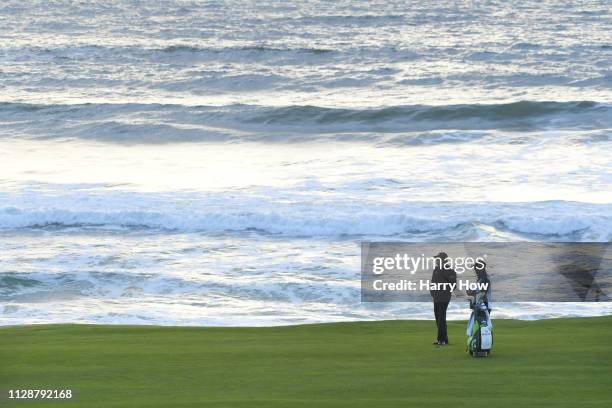 Phil Mickelson of the United States prepares to play a shot on the tenth hole during the final round of the AT&T Pebble Beach Pro-Am at Pebble Beach...