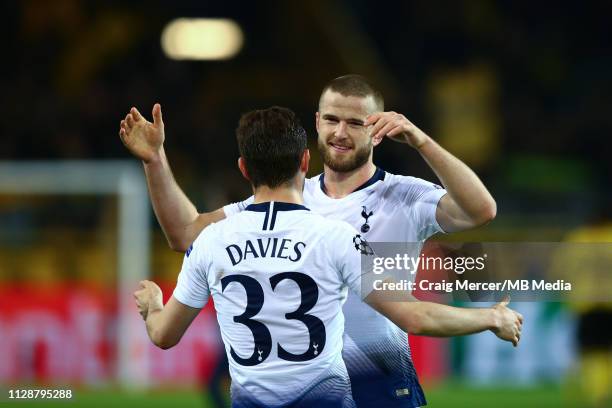 Eric Dier and Ben Davies of Tottenham Hotspur celebrate after the UEFA Champions League Round of 16 Second Leg match between Borussia Dortmund and...