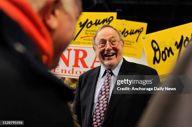 Rep. Don Young greets supporters at the Dena'ina Center on Tuesday, November 6 in Anchorage, Alaska. The Republican won his 21st term in Congresss.