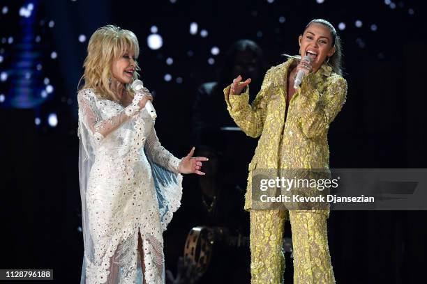 Dolly Parton and Miley Cyrus perform onstage during the 61st Annual GRAMMY Awards at Staples Center on February 10, 2019 in Los Angeles, California.