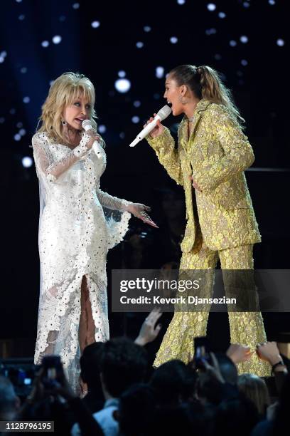 Dolly Parton and Miley Cyrus perform onstage during the 61st Annual GRAMMY Awards at Staples Center on February 10, 2019 in Los Angeles, California.
