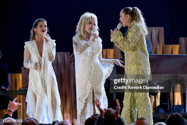Maren Morris, Dolly Parton and Miley Cyrus perform onstage during the 61st Annual GRAMMY Awards at Staples Center on February 10, 2019 in Los...