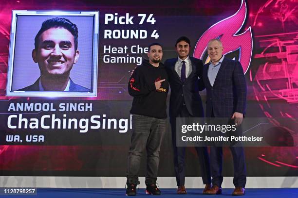 Managing Director, Brendan Donohue poses for a photo with ChaChingSingh after he is drafted in the fourth round by Heat Check Gaming during the NBA...