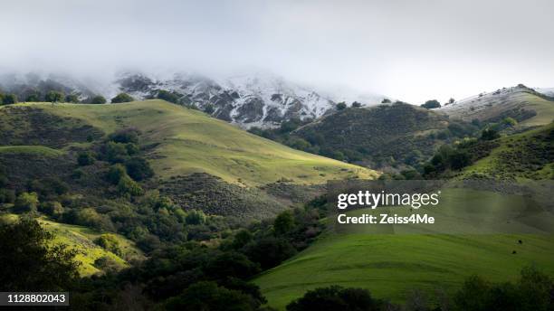 panoramic view of rare snow fall in the hills of the east bay - área da baía de san francisco imagens e fotografias de stock
