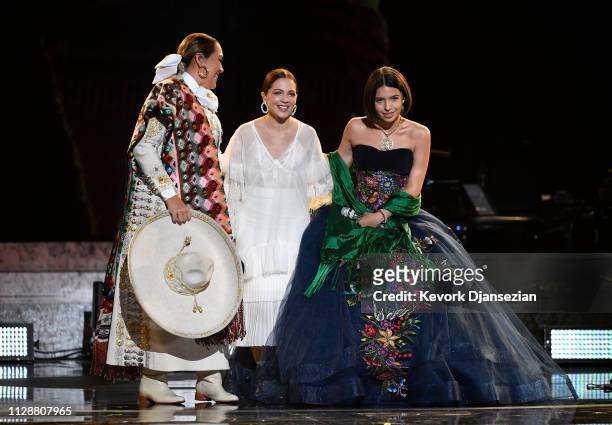 Aida Cuevas, Natalia Lafourcade and Ángela Aguilar perform onstage at the premiere ceremony during the 61st annual GRAMMY Awards at Staples Center on...