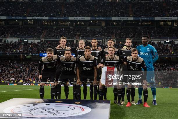 Players of Ajax pose for a team photo during the UEFA Champions League Round of 16 Second Leg match between Real Madrid and Ajax at Santiago Bernabeu...
