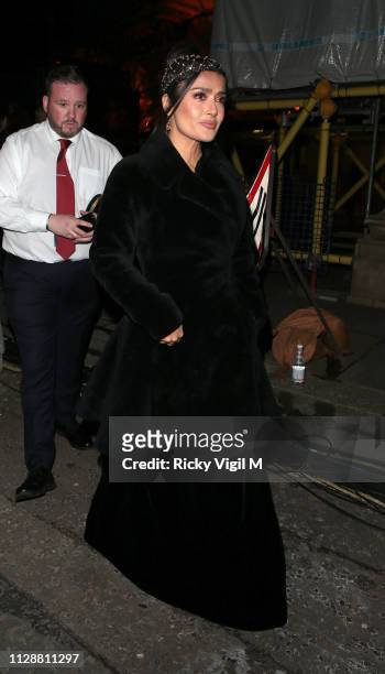 Salma Hayek seen leaving the 72nd annual EE British Academy Film Awards held at London's Royal Albert Hall on February 10, 2019 in London, England.