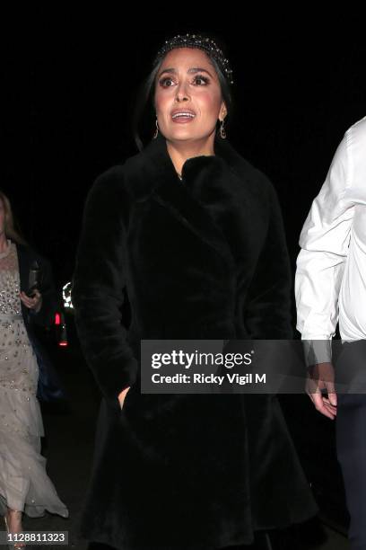 Salma Hayek seen leaving the 72nd annual EE British Academy Film Awards held at London's Royal Albert Hall on February 10, 2019 in London, England.