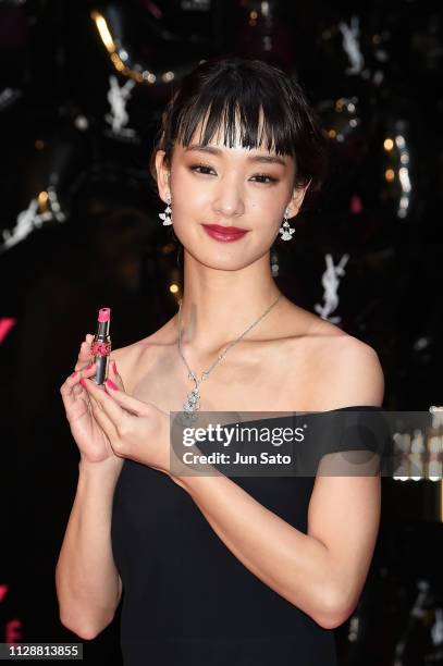 Ayame Goriki attends the Yves Saint Laurent Beaute 'Volupte Land' opening event at Omotesando Hills on March 6, 2019 in Tokyo, Japan.