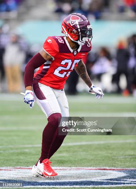 Kurtis Drummond of the San Antonio Commanders defends against the Birmingham Iron in an Alliance of American Football game at Legion Field on March...