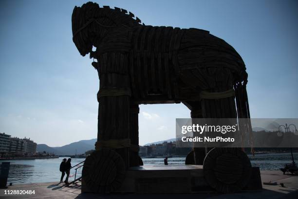 Giant trojan horse on seaside of Chalkida build for carnival on sea celebration. In Chalkida on March 4, 2019