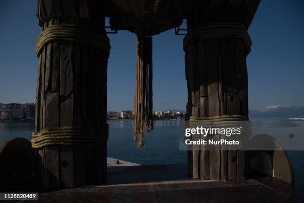 Giant trojan horse on seaside of Chalkida build for carnival on sea celebration. In Chalkida on March 4, 2019