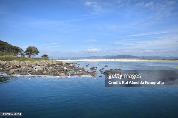 cíes island, amazing national marine-terrestrial park a beach paradise - rebentação stockfoto's en -beelden