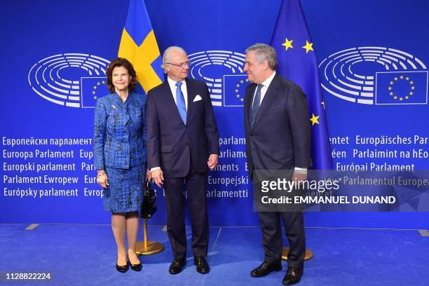European Parliament President Antonio Tajani welcomes Swedish Queen Silvia and King Carl XVI Gustaf at the European Parliament in Brussels on March...