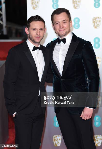 Jamie Bell and Taron Egerton attend the EE British Academy Film Awards at Royal Albert Hall on February 10, 2019 in London, England.