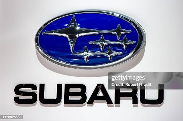 Subaru logo is displayed during the second press day at the 89th Geneva International Motor Show on March 6, 2019 in Geneva, Switzerland.