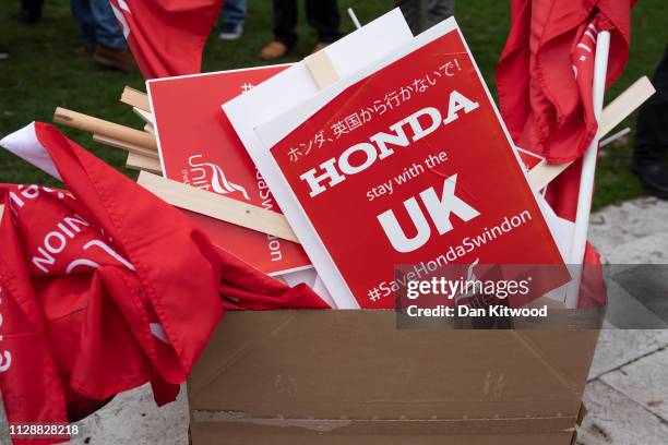 Honda employees protest over the planned closure of their Swindon plant, outside the Houses of Parliament on March 6, 2019 in London, England. The...