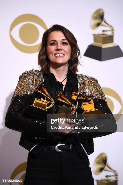 Singer/songwriter Brandi Carlile poses with her awards for Best American Roots Performance 'The Joke', Best American Roots song 'The joke' and Best...