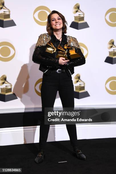 Singer/songwriter Brandi Carlile poses with her awards for Best American Roots Performance 'The Joke', Best American Roots song 'The joke' and Best...