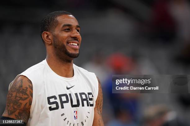 Close up shot of LaMarcus Aldridge of the San Antonio Spurs smiling before the game against the Oklahoma City Thunder on March 2, 2019 at the AT&T...