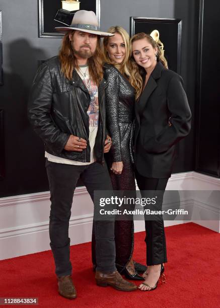 Billy Ray Cyrus, Tish Cyrus, and Miley Cyrus attend the 61st Annual GRAMMY Awards at Staples Center on February 10, 2019 in Los Angeles, California.