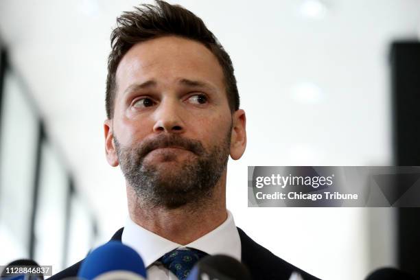 Former U.S. Rep. Aaron Schock appears Wednesday, March 6, 2019 after his scheduled hearing at the U.S. Dirksen Courthouse in Chicago, Ill. Federal...